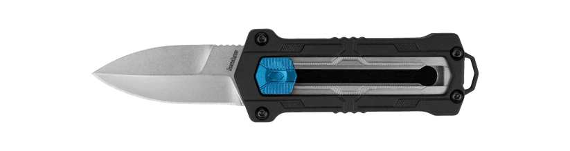 Kershaw Kapsule OTF knife with a sleek black handle and a spear-point stainless blade, featuring a blue thumb button and deep pocket carry clip for secure handling and discreet storage.