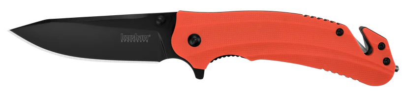 Kershaw Barricade: A folding rescue pocket knife with a black drop-point blade, bright orange handle, integrated seat-belt cutter, carbide glass-breaker tip, and liner-lock mechanism—ideal for emergency use.