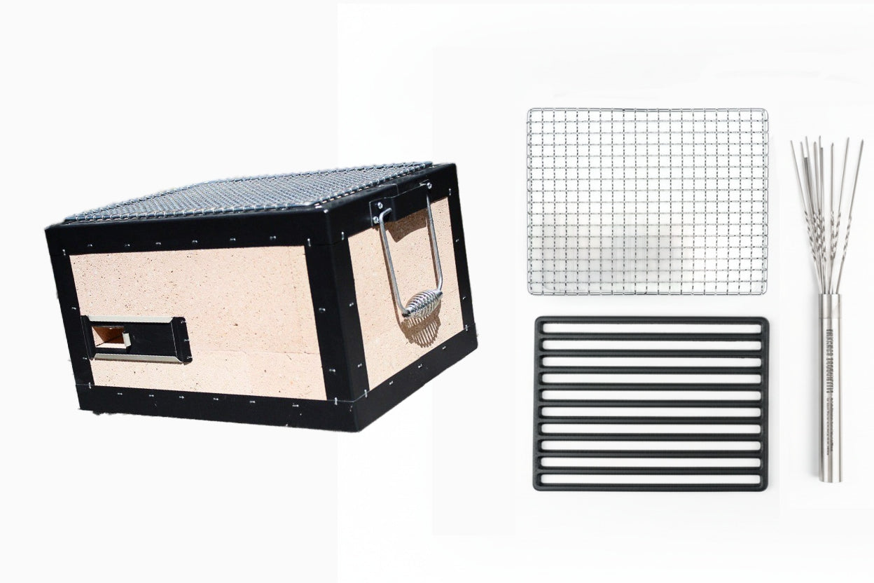 Kaginushi Konro Small Yakitori Grill - BQ-8F + Upgrade Kit includes a ceramic-panel grill in a black frame, stainless-steel mesh grate, cast-iron rack, and skewers, ideal for intimate yakitori cooking.
