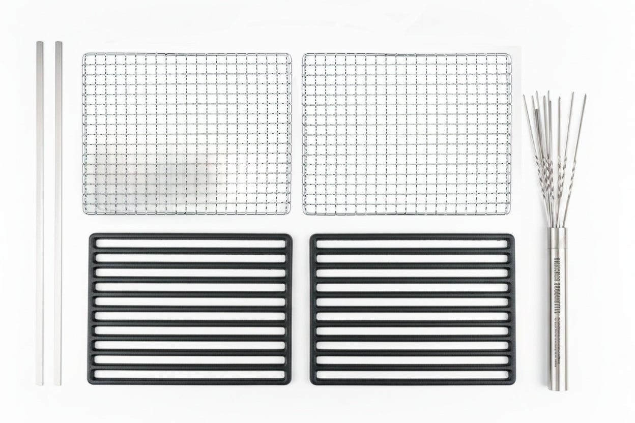 Kaginushi Konro Medium Yakitori Grill - BQ-8WF Upgrade Kit featuring two stainless steel grill replacements, two cast-iron grill tops, a skewer kit, and two yakitori rods, ideal for grilling enthusiasts.