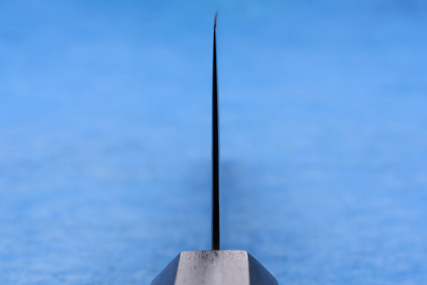Hatsukokoro SLD Hikari Kurozome Damascus Gyuto 210mm, razor-sharp edge-on view, showcasing precise craftsmanship of this Japanese multi-purpose chef knife.