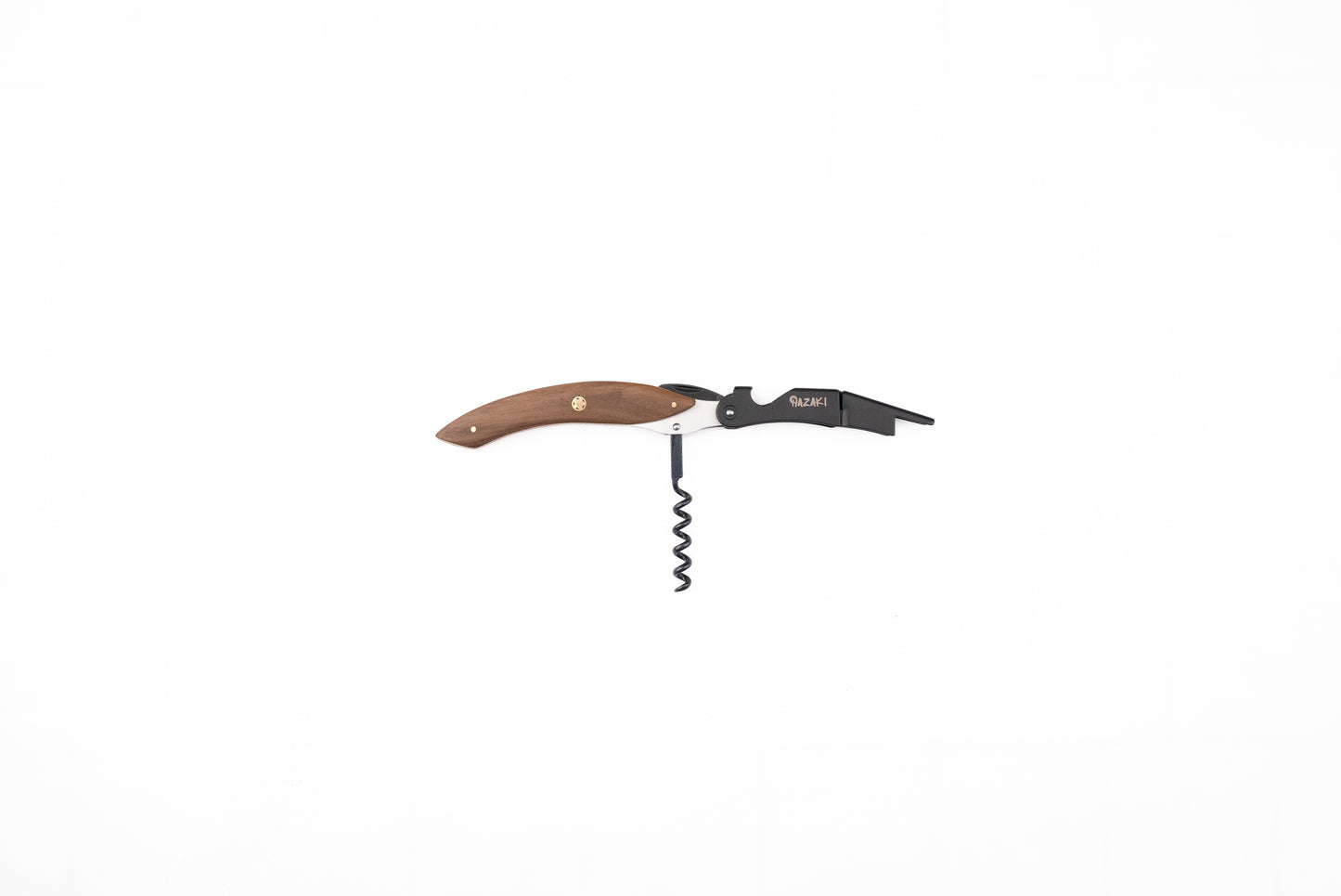 Hazaki Wine Corkscrew & Bottle Opener: A handcrafted tool featuring a wooden handle, stainless steel double-lever system, and foil knife. Perfect for wine enthusiasts, blending Japanese steel expertise with Canadian craftsmanship.