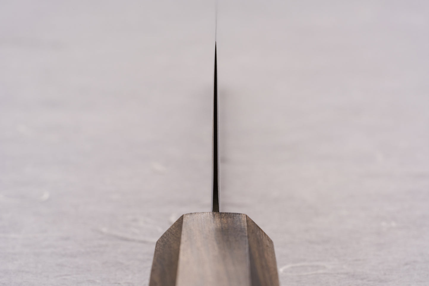 ICHIGO SLD Migaki Gyuto 195mm: A close-up view of the knife's slender blade emerging from its wooden handle, showcasing the polished finish and precise craftsmanship typical of Japanese kitchen knives.