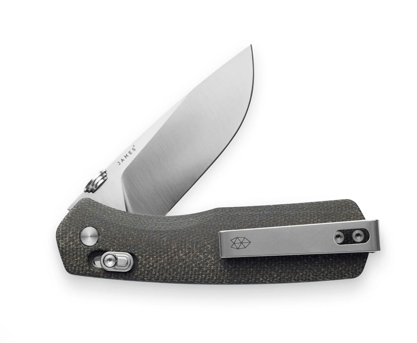 James Carter XL folding knife with VG10 steel blade, two-tone handle, ergonomic thumb stud, and reversible deep carry clip, ideal for everyday use.