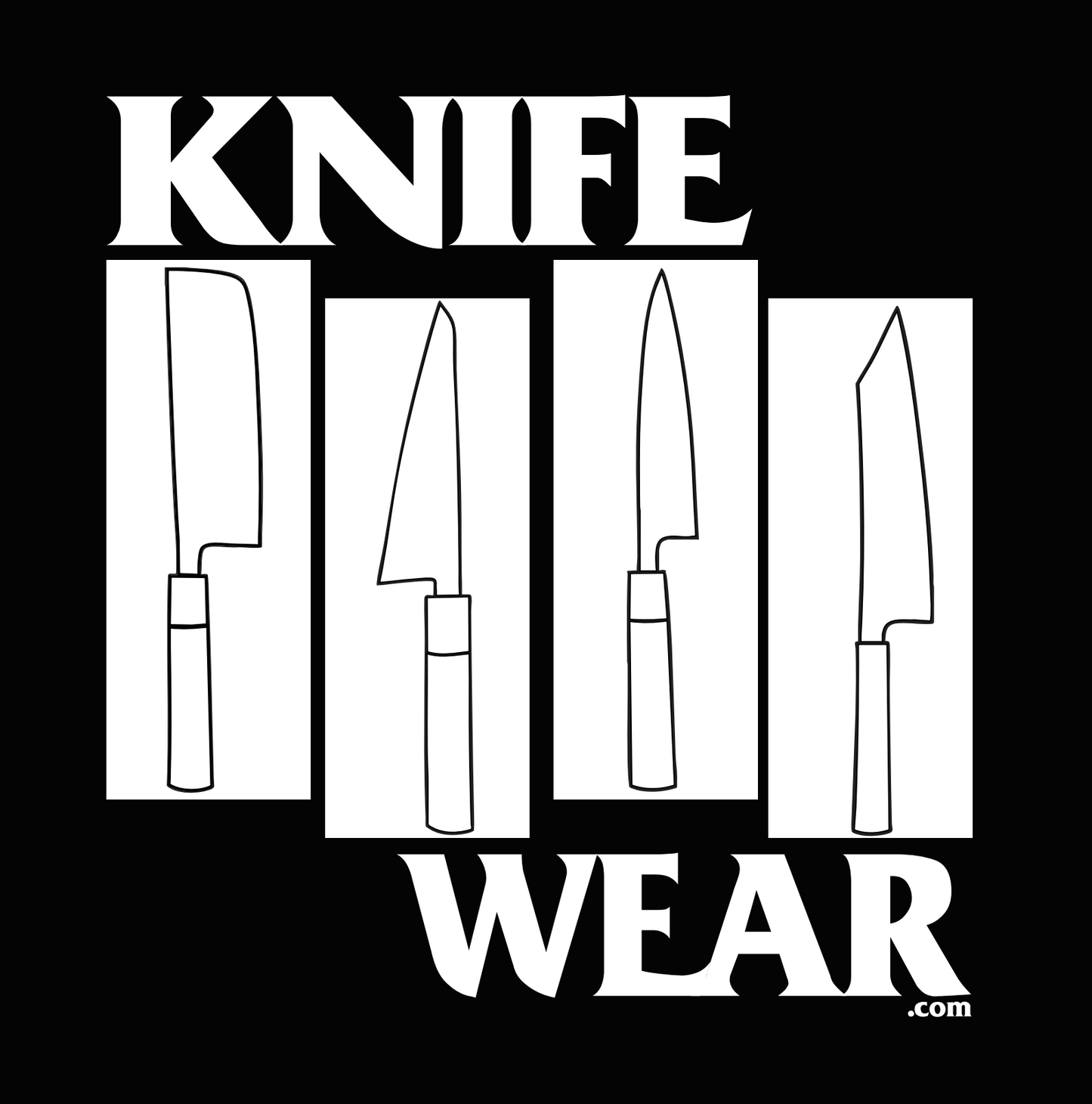 Knifewear Black Flag T-Shirt features a bold black-and-white design with four kitchen knives and KNIFE WEAR.com text, celebrating craftsmanship in pre-shrunk cotton, silk-screened by Local Laundry.