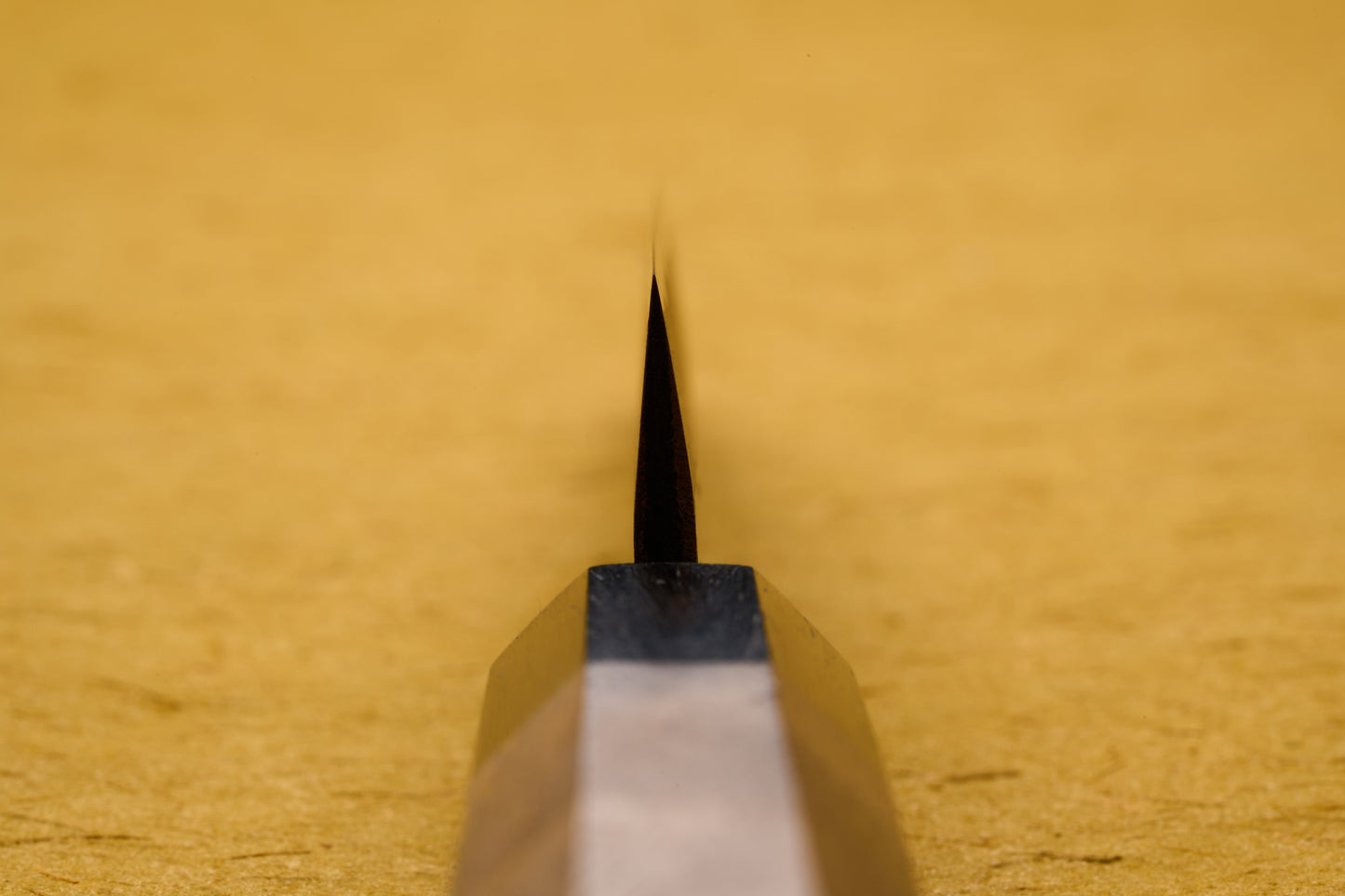 Tightly focused macro shot of the razor-sharp edge of the Touroku Sakai Yoshikazu Shirogami Kurouchi Petty 150mm knife, ideal for precise slicing and smaller kitchen tasks.