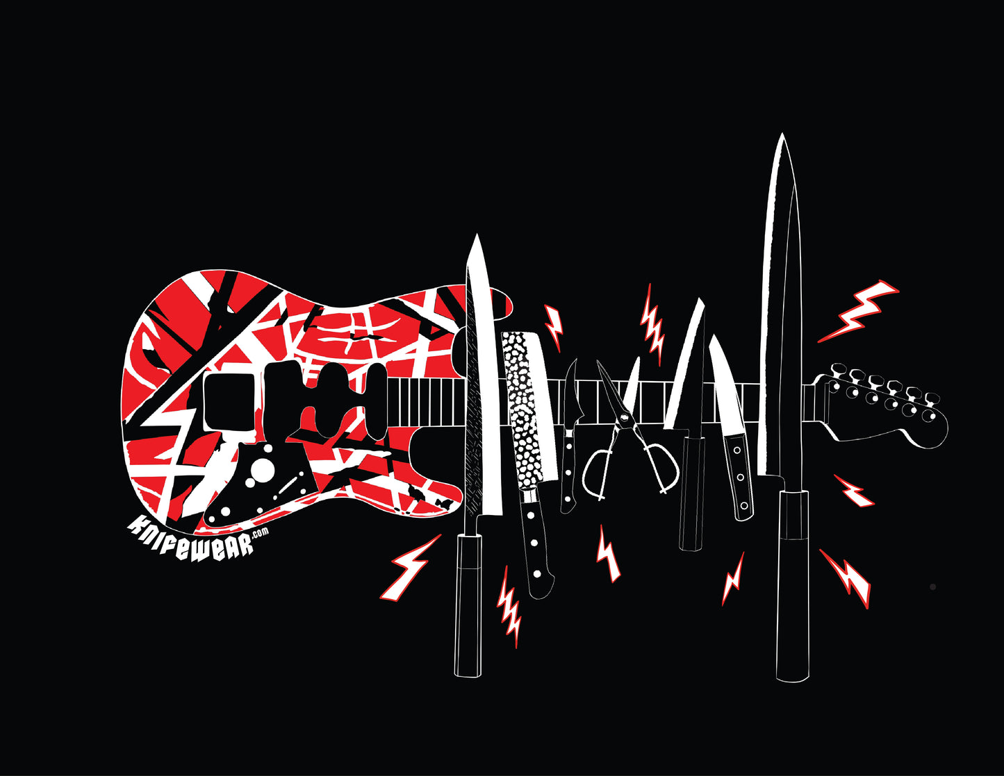 Knifewear Eddie Guitar T-Shirt: A graphic tee featuring a fusion of an electric guitar and kitchen knives, reflecting Knifewear's unique blend of rock 'n' roll and culinary craftsmanship.