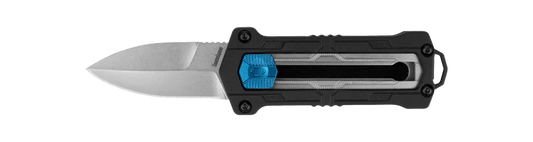 Kershaw Kapsule OTF knife with a sleek black handle and a spear-point stainless blade, featuring a blue thumb button and deep pocket carry clip for secure handling and discreet storage.