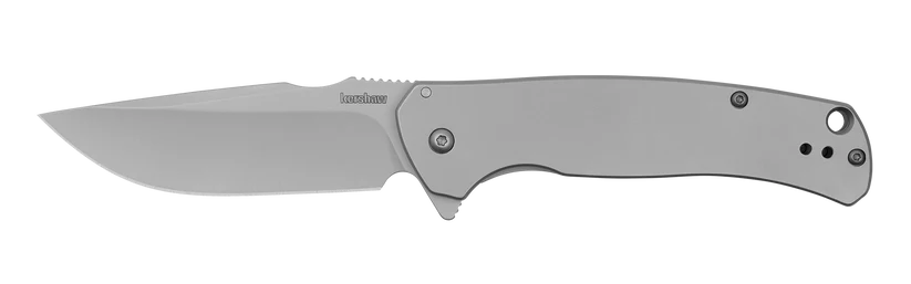 Kershaw Scour folding pocket knife with a drop-point blade and stainless-steel handle, featuring a flipper tab for one-handed use. Offers spine jimping and a reversible deep pocket carry clip.