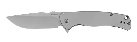 Kershaw Scour folding pocket knife with a drop-point blade and stainless-steel handle, featuring a flipper tab for one-handed use. Offers spine jimping and a reversible deep pocket carry clip.