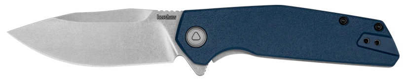 Kershaw Lucid folding pocket knife with a stone-washed drop-point blade and blue anodized aluminum handle, featuring a flipper tab for one-handed opening, ideal for everyday carry enthusiasts.