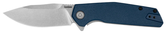 Kershaw Lucid folding pocket knife with a stone-washed drop-point blade and blue anodized aluminum handle, featuring a flipper tab for one-handed opening, ideal for everyday carry enthusiasts.