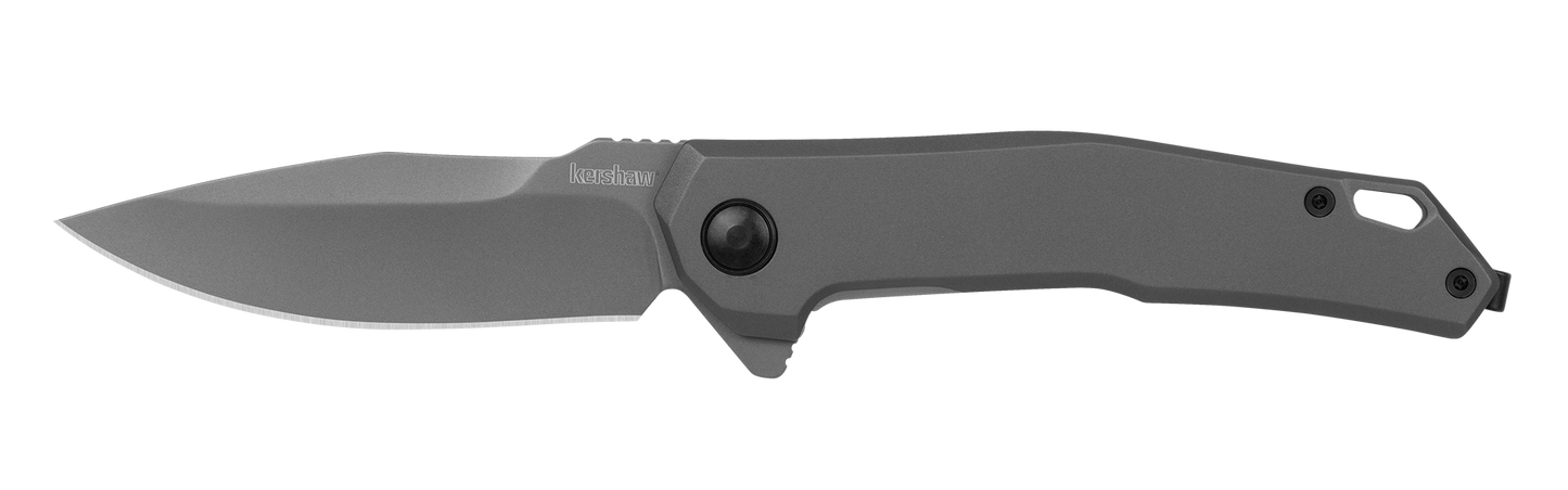 Kershaw Helitack folding pocket knife with an open stone-washed steel blade and metal handle, featuring a lanyard hole. Ideal for cutting tasks, embodying Kershaw's commitment to quality craftsmanship.