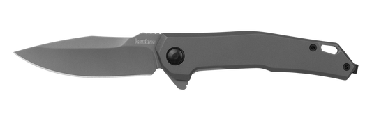 Kershaw Helitack folding pocket knife with an open stone-washed steel blade and metal handle, featuring a lanyard hole. Ideal for cutting tasks, embodying Kershaw's commitment to quality craftsmanship.