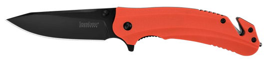 Kershaw Barricade: A folding rescue pocket knife with a black drop-point blade, bright orange handle, integrated seat-belt cutter, carbide glass-breaker tip, and liner-lock mechanism—ideal for emergency use.