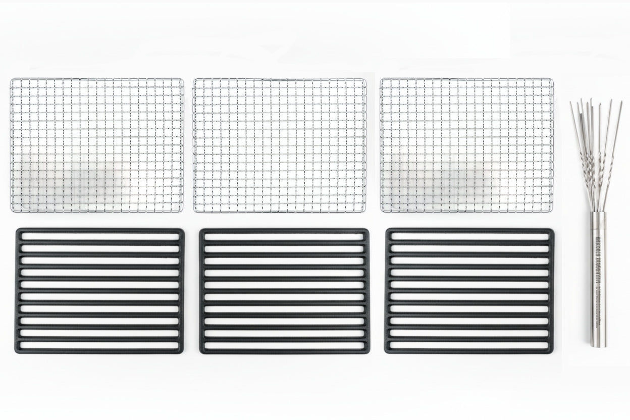 Kaginushi Konro Large Yakitori Grill - BQ-8T Upgrade Kit features stainless-steel grill grates, cast-iron plates, and a Yakitori skewer kit, ideal for enhancing your grilling experience.