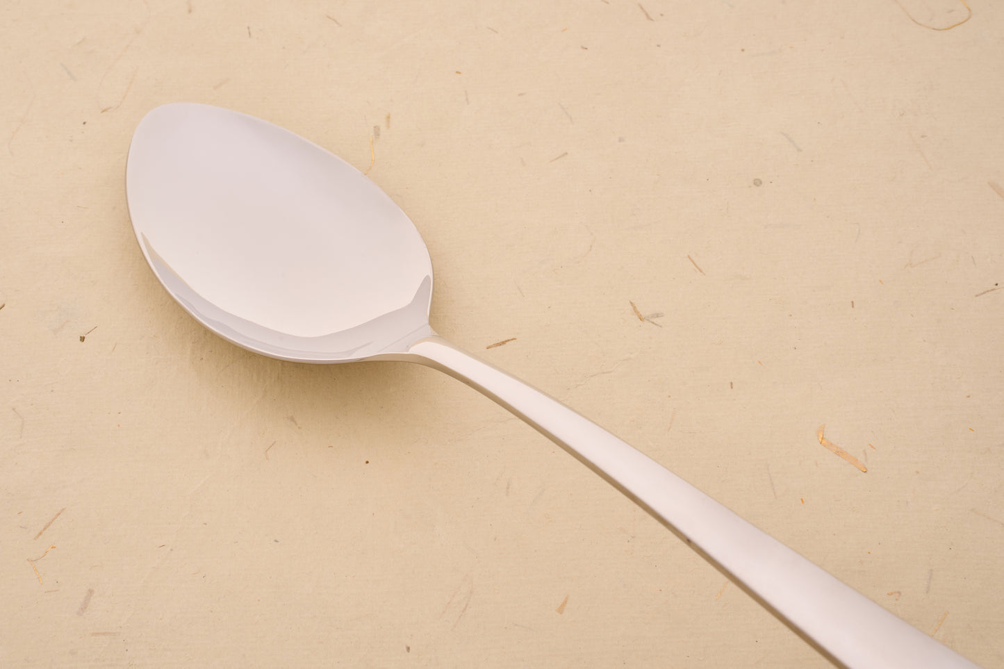 Arcos Berlin Series Serving Spoon close-up, showcasing its sleek metal design, reflecting the brand's centuries-old craftsmanship on a beige textured surface.