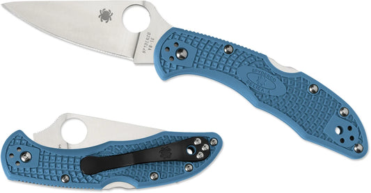 Spyderco Delica 4 VG-10 folding pocket knife, showcasing its open and closed positions, features a textured blue handle and stainless-steel blade with signature thumb-hole.