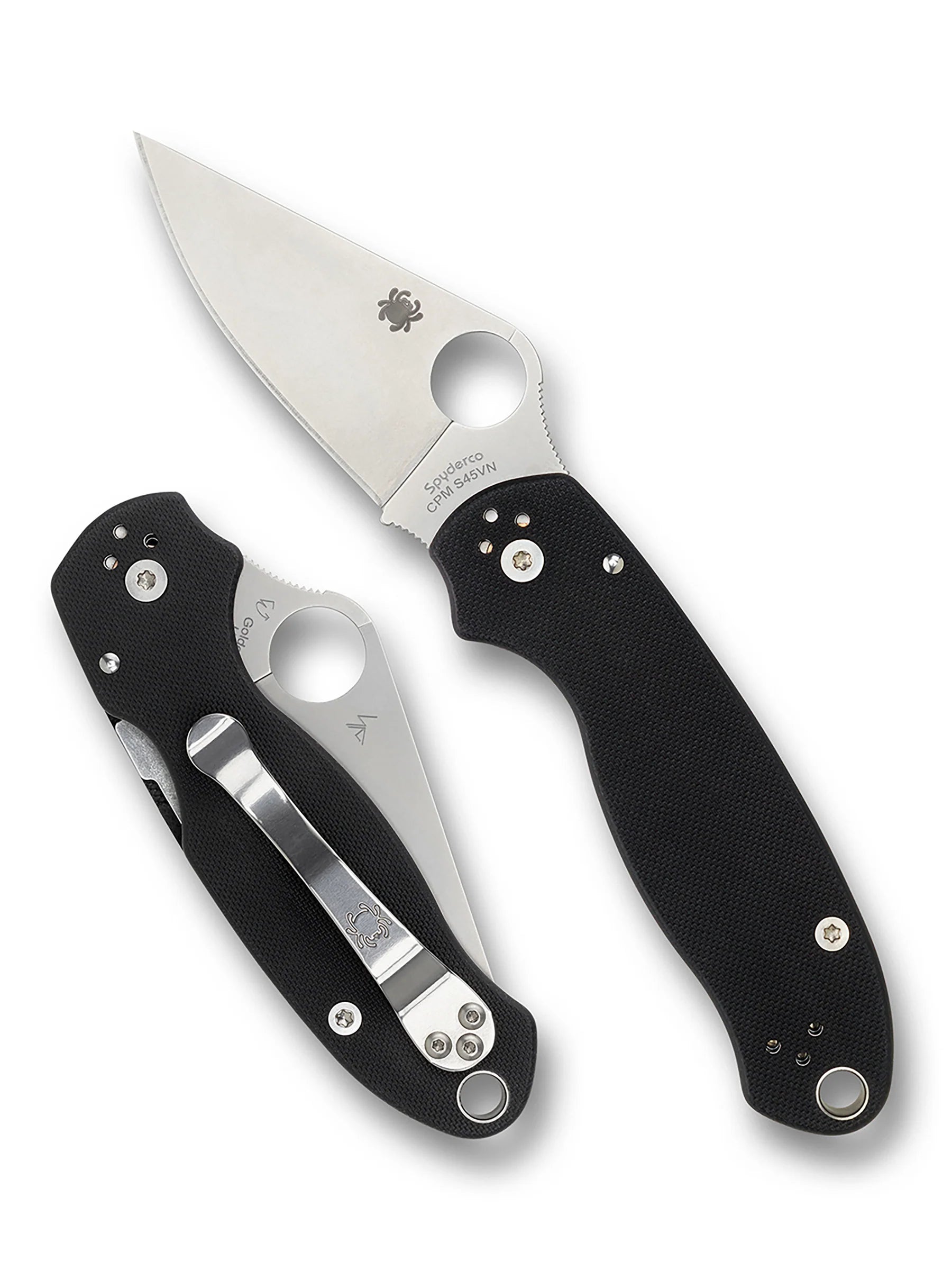 Spyderco Para 3 folding knives, one open, one closed, showcasing satin-finished CPM-S45VN blades with signature thumb hole, and textured black handles with pocket clips.