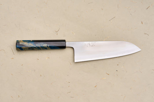 Custom Handle Toshihiro Wakui Shirogami Stainless Migaki Santoku 180mm