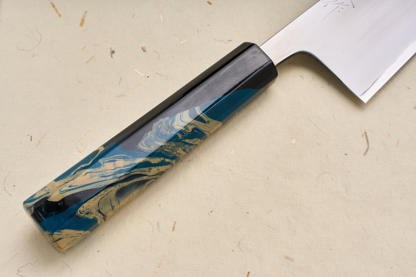 Custom Handle Toshihiro Wakui Shirogami Stainless Migaki Santoku 180mm