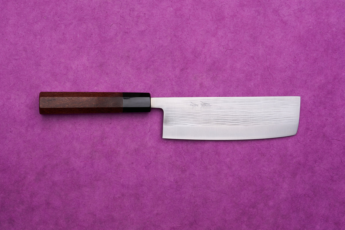 Fujimoto AS Sazanami Nakiri 165mm with a stainless-steel blade and dark wooden octagonal handle, ideal for precise vegetable chopping.
