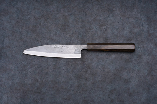 Fukamizu Ginsan Satuma no Kami Ko-Bunka 150mm knife with a single-bevel steel blade and octagonal wooden handle, ideal for precision slicing of fish and meats.