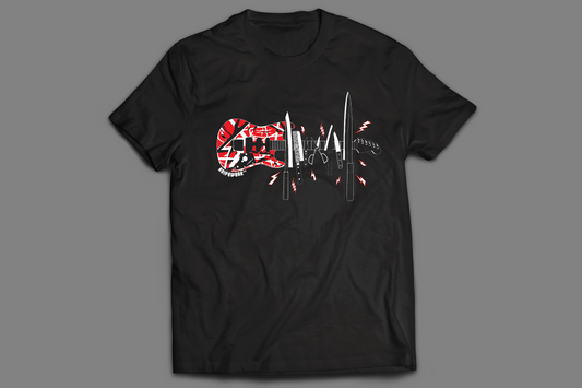 Knifewear Eddie Guitar T-Shirt features a black tee with a red-and-white striped electric guitar graphic, transformed with kitchen knives as the neck, embodying Knifewear’s fusion of rock and culinary artistry.