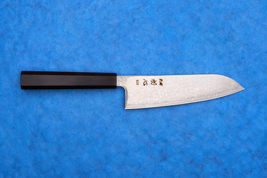Hatsukokoro SLD Hikari Kurozome Damascus Santoku 170mm featuring a damascus-patterned blade and octagonal dark wooden handle, ideal for versatile kitchen tasks.