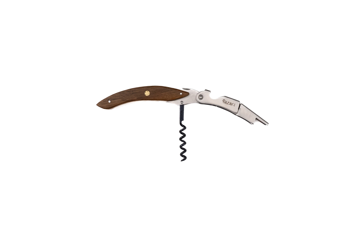 Hazaki Wine Corkscrew & Bottle Opener features a folding wooden handle, two-step lever, helix, integrated bottle-cap opener, and foil cutter. Made with Canadian wood and titanium-coated stainless steel, stamped with “Razaki.”