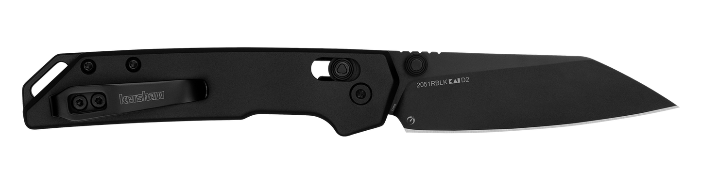 Kershaw Iridium Reverse Tanto knife with black handle, tanto-style blade, and slim pocket-clip, showcasing precision-focused design and practical deployment features.
