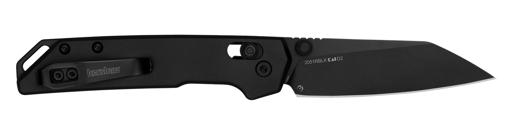 Kershaw Iridium Reverse Tanto knife with black handle, tanto-style blade, and slim pocket-clip, showcasing precision-focused design and practical deployment features.