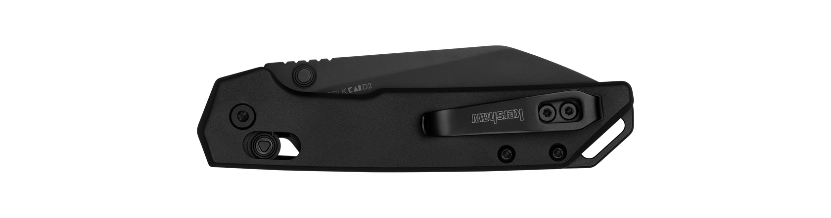 Kershaw Iridium Reverse Tanto pocket knife with a matte-black handle and pocket clip, designed for precision tasks with its unique blade shape.