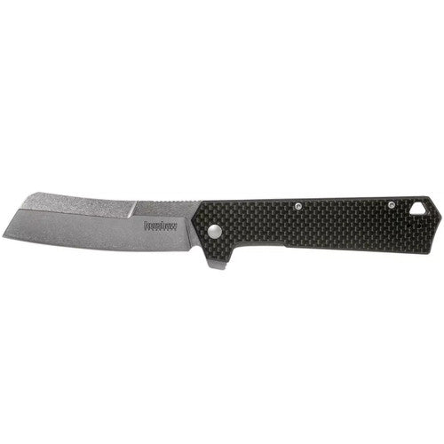 Kershaw Rib folding pocket knife with a stone-washed cleaver-style blade and dark textured handle, featuring a SpeedSafe assisted flipper for quick opening; brand name Kershaw visible on blade.