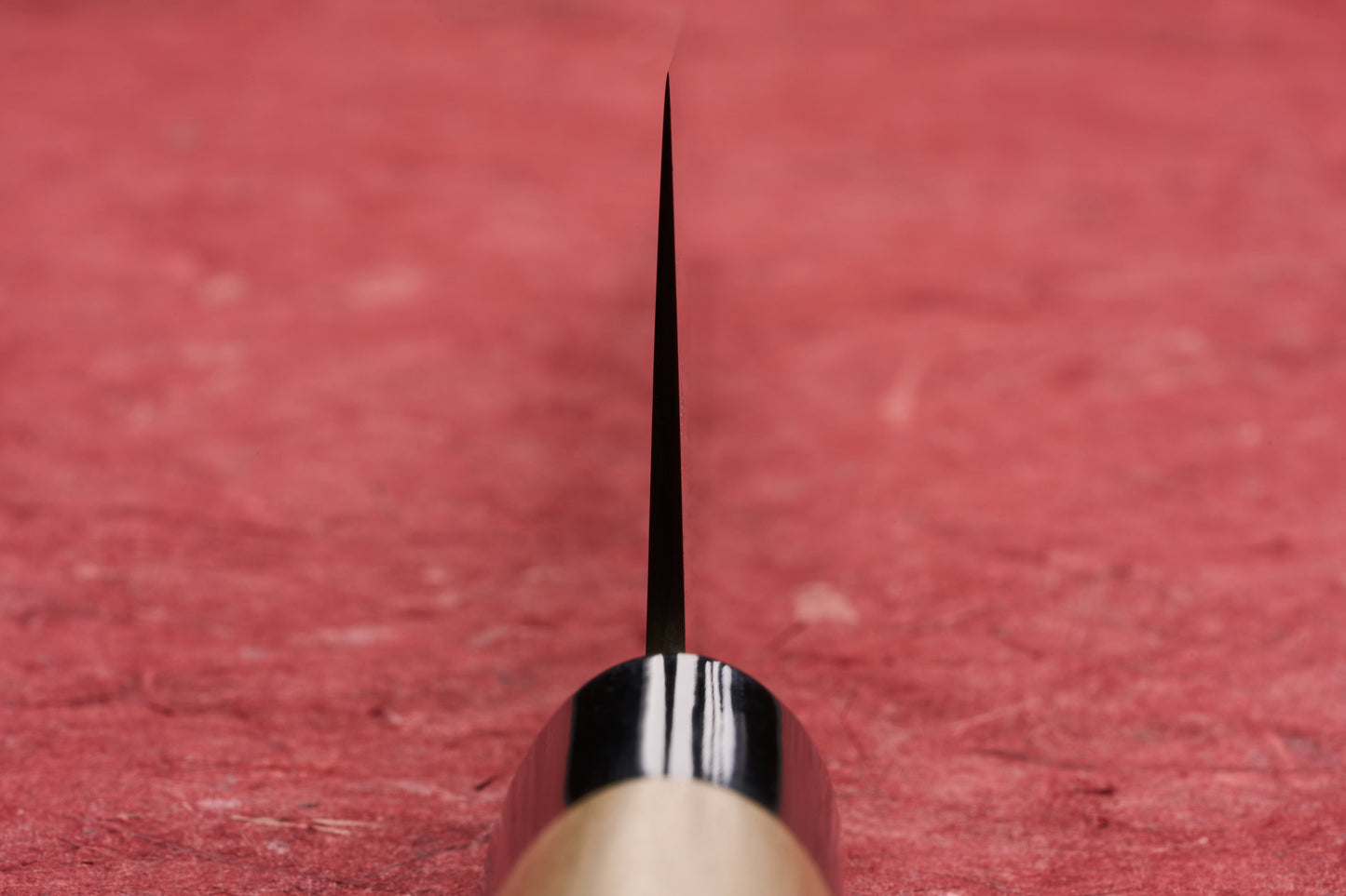 Close-up of the Masamoto KS Hongasumi Gyuto 240mm blade standing vertically on a textured red surface, showcasing its incredibly thin edge and visible wooden handle, renowned for precision and Japanese craftsmanship.