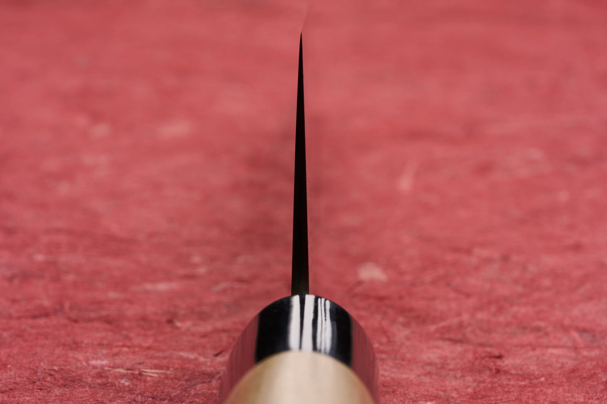 Close-up of the Masamoto KS Hongasumi Gyuto 240mm blade standing vertically on a textured red surface, showcasing its incredibly thin edge and visible wooden handle, renowned for precision and Japanese craftsmanship.