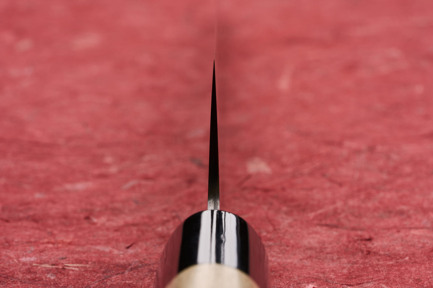 Masamoto KS Hongasumi Sujihiki 240mm knife, featuring a thin Japanese-style blade, black bolster, and light wooden handle, displayed edge-on against a textured red surface, exemplifying precision craftsmanship.