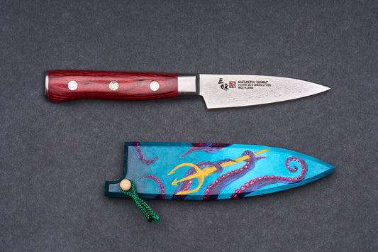 Mcusta Zanmai Classic Pro Damascus Flame Petty 90mm with Handpainted Saya Set