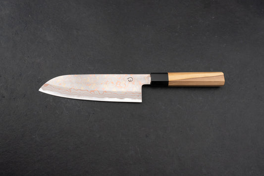 Mutsumi Hinoura V-toku Rainbow Damascus Santoku 165mm