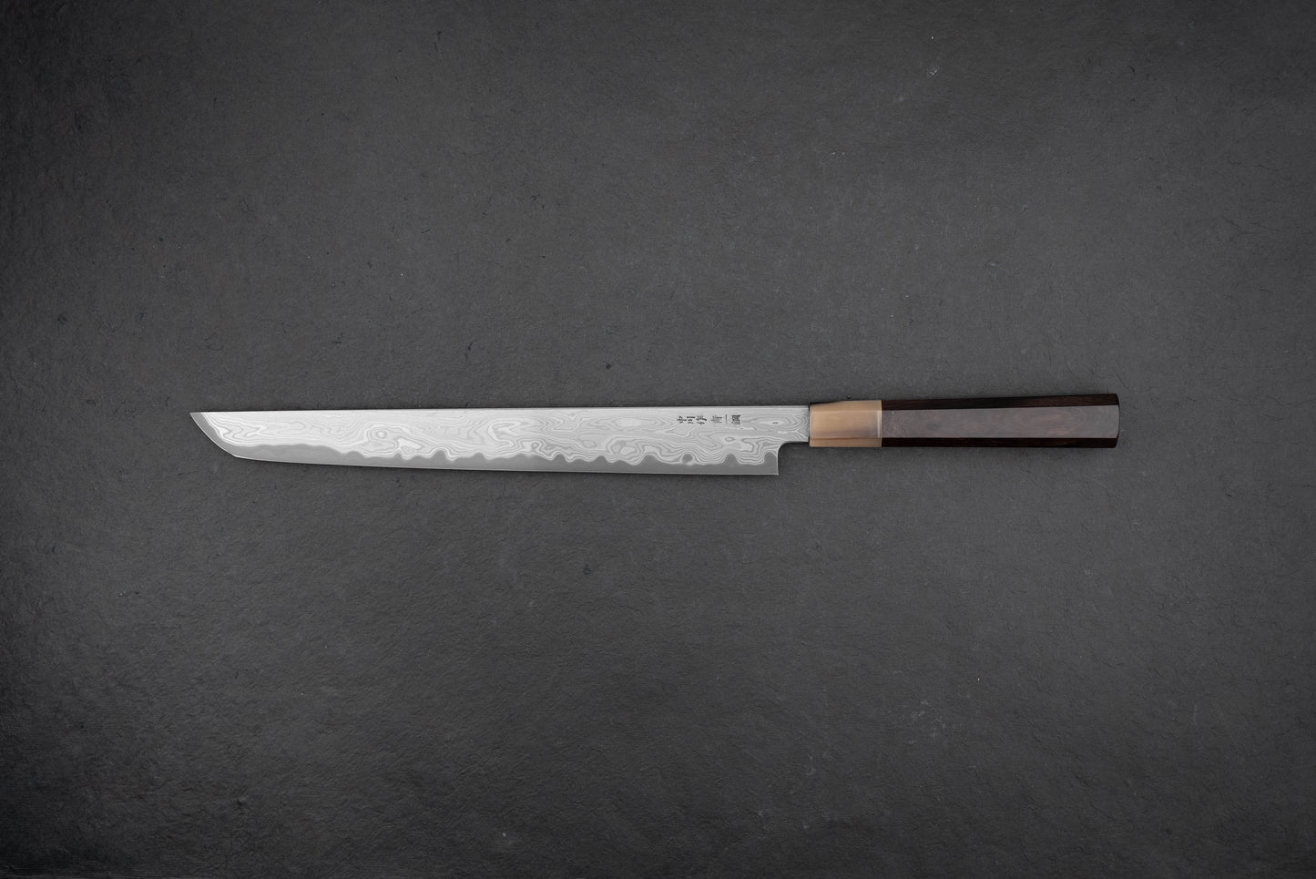 Satoshi Nakagawa x Naohito Myojin Aoichi Etched Damascus Sakimaru Sujihiki 330mm