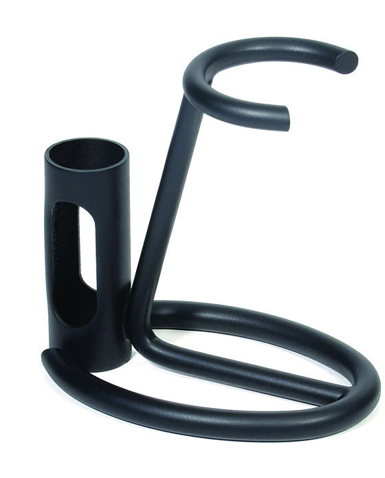 Kent of Inglewood Compact Brush and Razor Stand, a sleek black metal holder designed for bathroom countertops, elegantly supports a safety razor and brush to air-dry, ensuring functional and stylish grooming storage.
