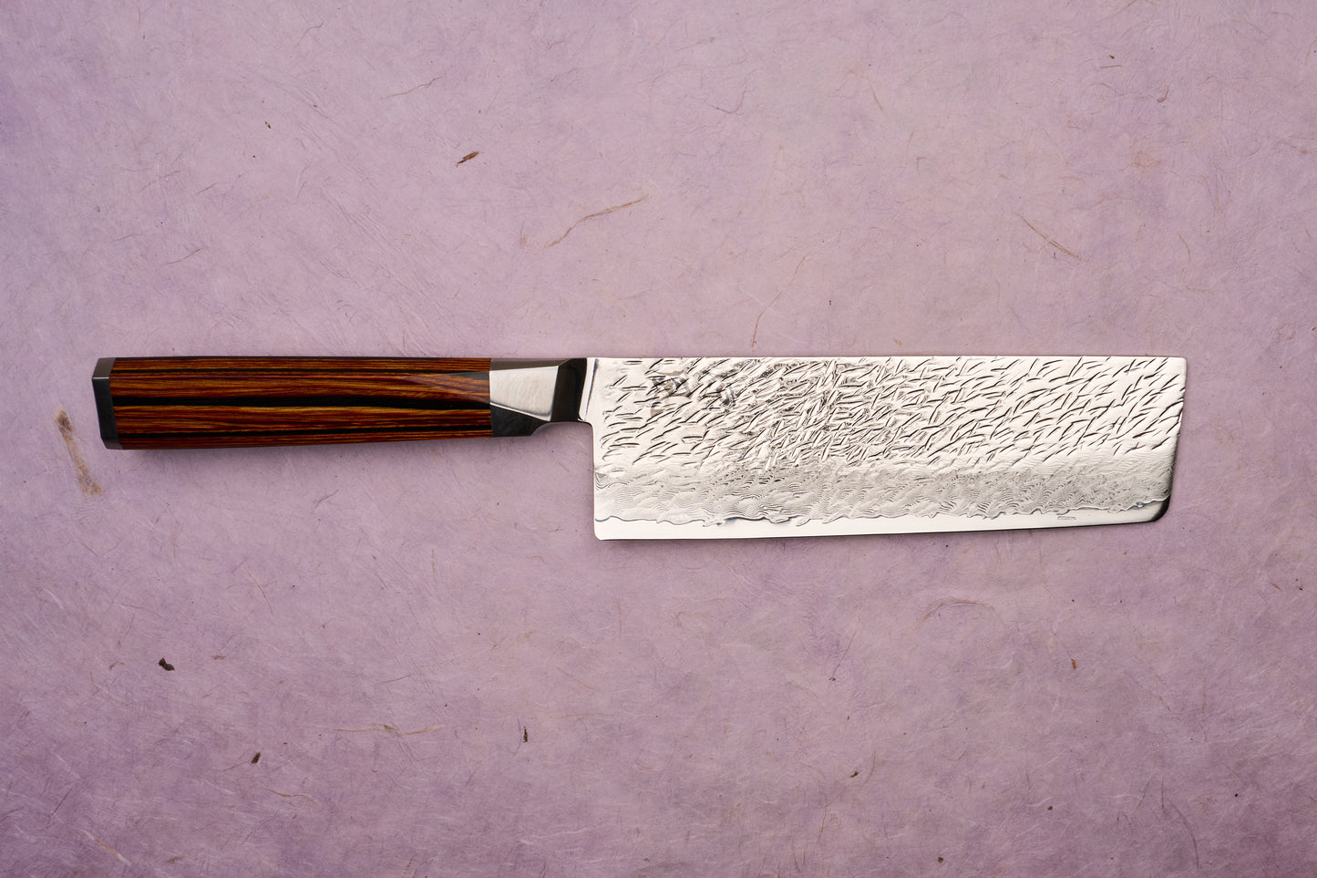 Ono Knife Suzukaze SG2 Tsuchime Damascus Nakiri 165mm, showcasing a rectangular, Damascus-finished blade with a straight hardwood handle, ideal for precise vegetable chopping.