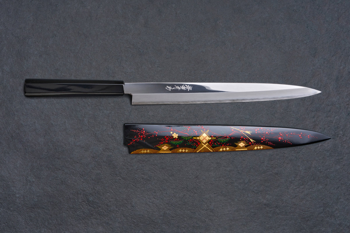 Sakai Takayuki Ginsan Kyomen Yanagiba 300mm with Aizu-Nuri Urushi Handle and Saya