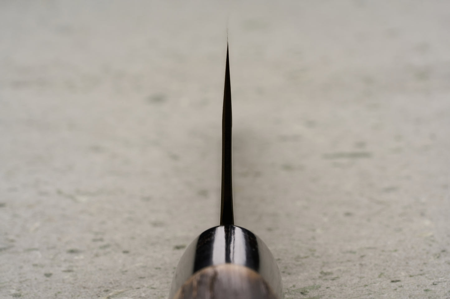 Sadamasa Aogami Stainless Migaki Kiritsuke Gyuto 210mm features a close-up of its wooden and black handle with a thin, dark metal blade, showcasing its precision craftsmanship and premium materials.