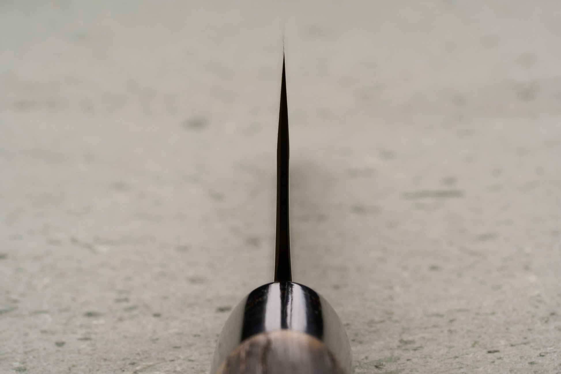 Sadamasa Aogami Stainless Migaki Kiritsuke Gyuto 210mm features a close-up of its wooden and black handle with a thin, dark metal blade, showcasing its precision craftsmanship and premium materials.