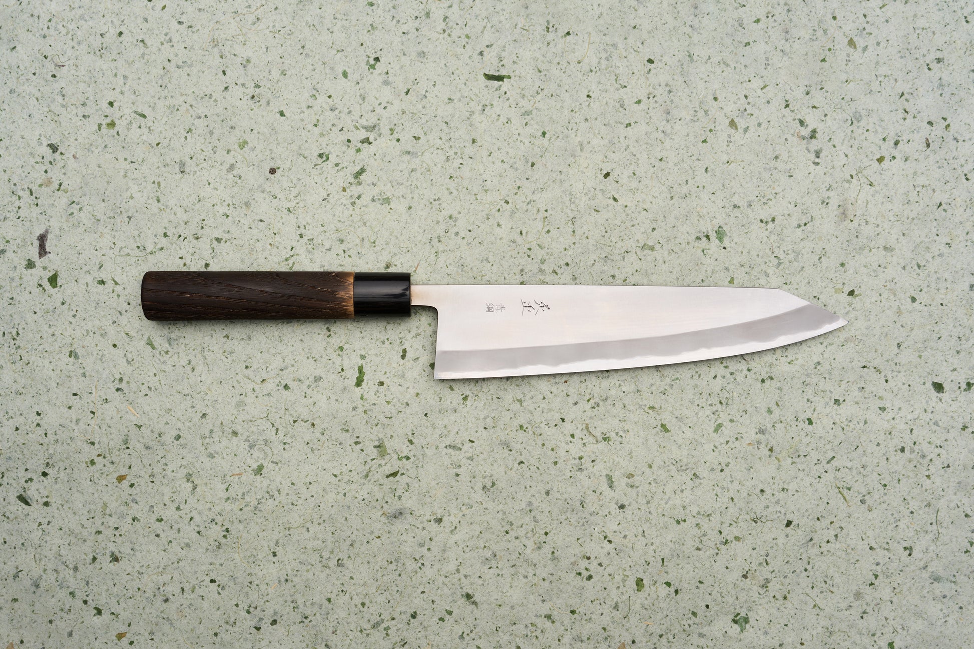 Sadamasa Aogami Stainless Migaki Kiritsuke Gyuto 240mm knife with polished steel blade and stamped Japanese characters on a light green countertop, featuring a dark wood handle with water buffalo horn accents.