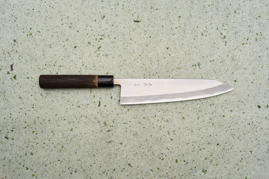 Sadamasa Aogami Stainless Migaki Kiritsuke Gyuto 240mm knife with polished steel blade and stamped Japanese characters on a light green countertop, featuring a dark wood handle with water buffalo horn accents.