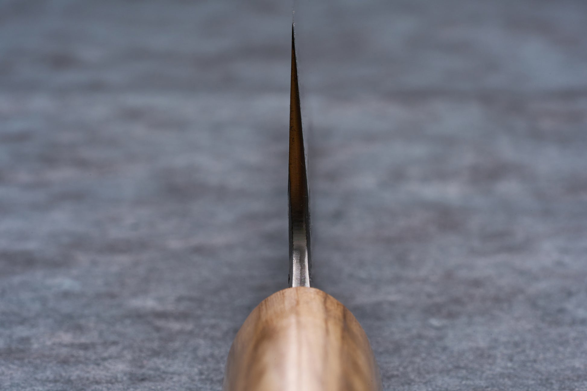 Sakai Takayuki Sanpo Mizu Gyuto 210mm, viewed from the blade's spine, showcasing its wooden handle against a soft grey backdrop.