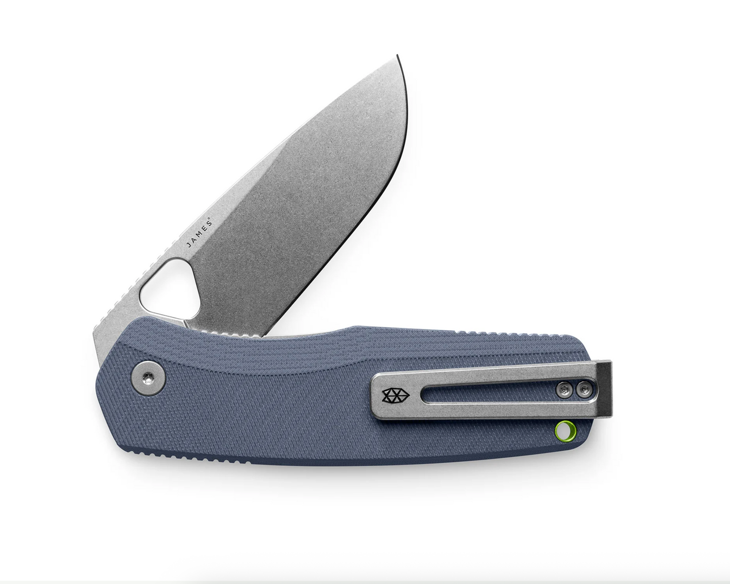 James Folsom Pro folding pocket knife with a stone-washed stainless steel blade, slate-blue handle, and upgraded titanium hardware. Features a slim metal pocket clip, ceramic ball bearings, and liner lock.