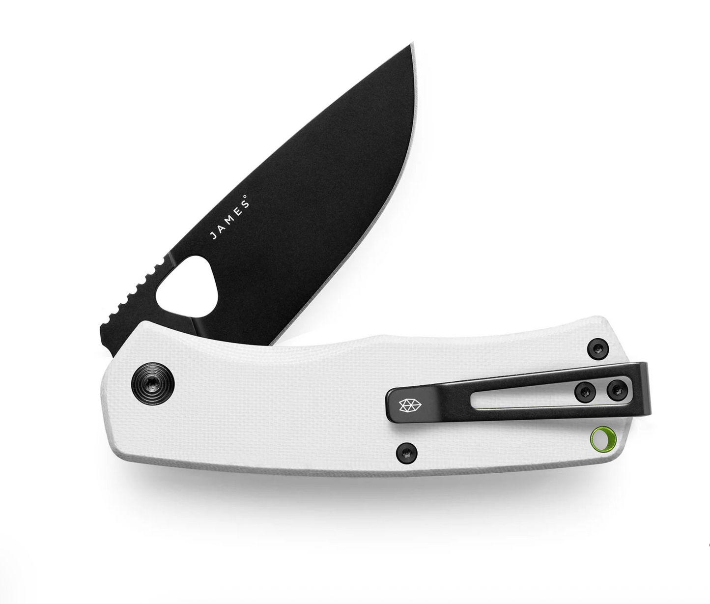 James Folsom 70mm Folding Knife features a white composite handle, black drop-point blade with JAMES° stamp, teardrop thumb hole, jimping, and reversible black pocket clip with green accent.